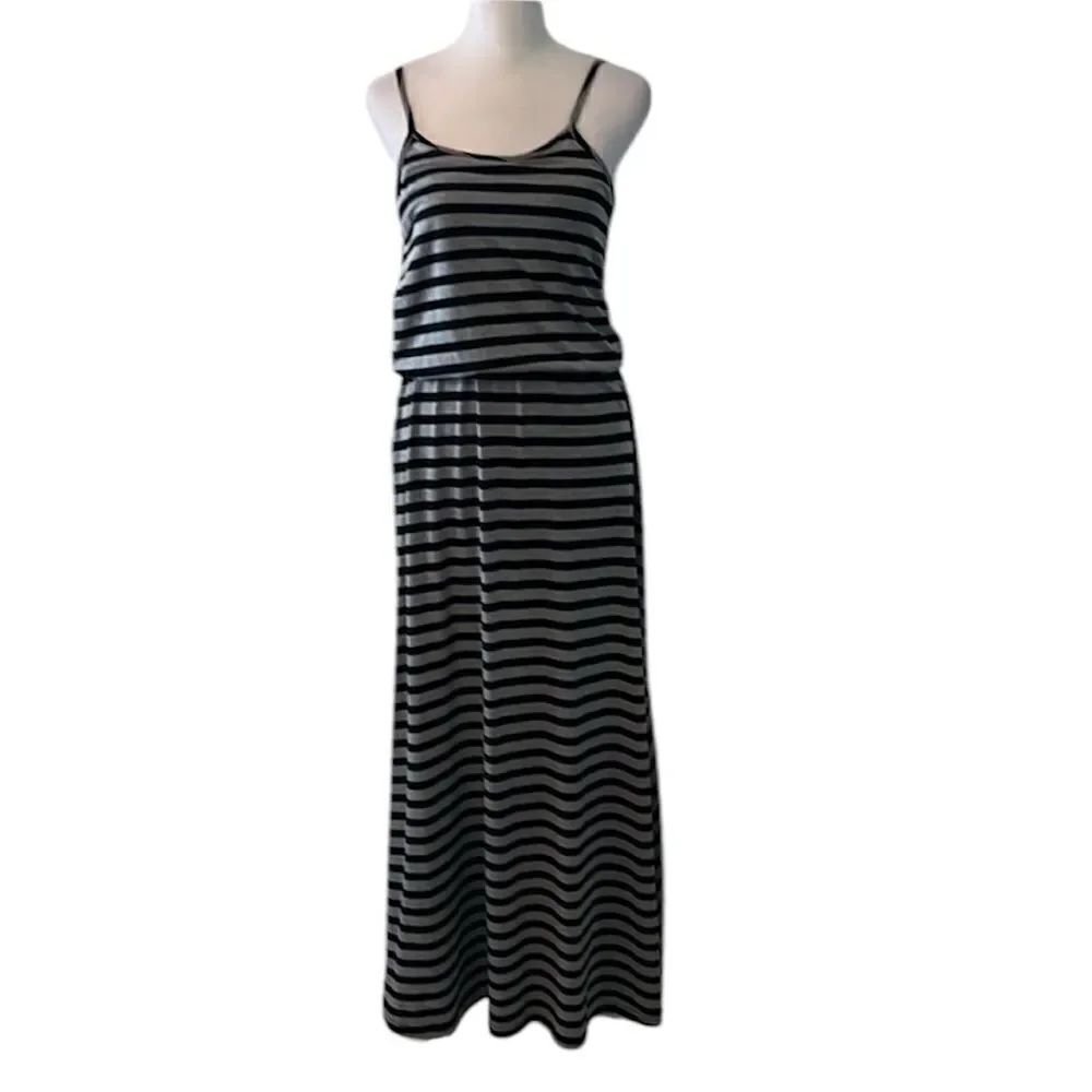 Poof! size small black and grey striped spaghetti strap maxi dress EUC